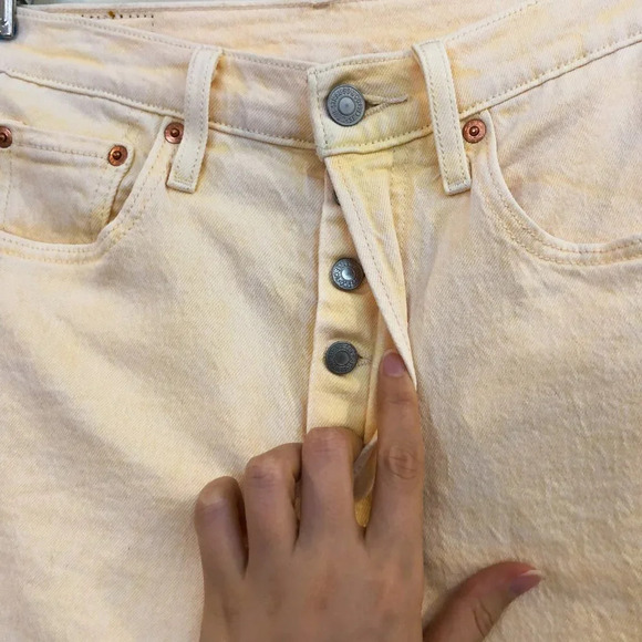 Levi's 501 High Waist Colorful Yellow Casual Denim Raw Hem Straight Leg Jeans 25 - Picture 5 of 10